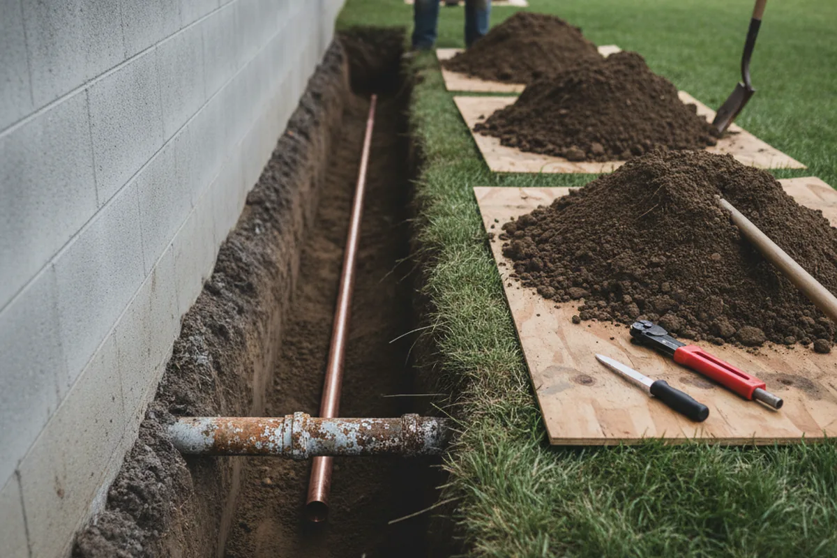 Excavated water line trench during Water Softener Installation in Erwin